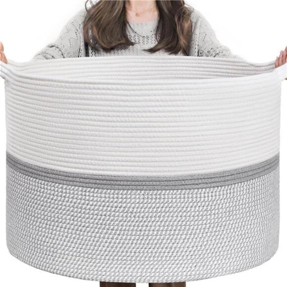 Extra Large Cotton Rope Woven Basket Decorative Clothes Hamper,22" x 22" x 14" - Picture 1 of 8